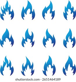 Uma coleção de doze ícones de chama azul estilizados dispostos em uma grade sobre um fundo branco limpo. Cada chama tem uma forma e gradiente únicos, perfeitos para elementos de design digital.