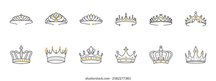 A collection of twelve stylized crown and tiara illustrations showcasing various designs and embellishments.