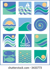 A collection of twelve stylized illustrations with a water theme.