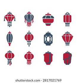 A collection of twelve stylized paper lantern icons featuring intricate designs and vibrant red, gray, and mixed color schemes.