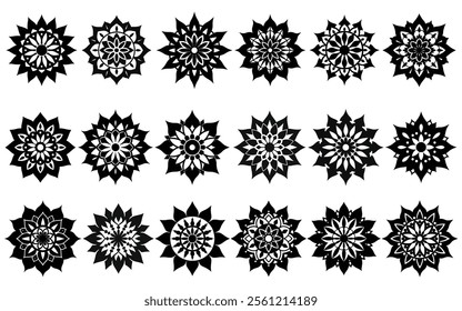 A collection of twelve symmetrical mandala designs, rendered in black and white.