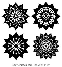 A collection of twelve symmetrical mandala designs, rendered in black and white.