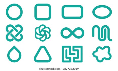 Collection of twelve teal outline geometric icons and abstract symbols featuring a circle, rounded square, infinity sign, droplet, triangle, and flower on a white background.