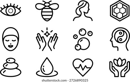 Colección de doce íconos de arte de línea delgada que representan conceptos de belleza de bienestar y estilo de vida saludable aislados sobre fondo transparente