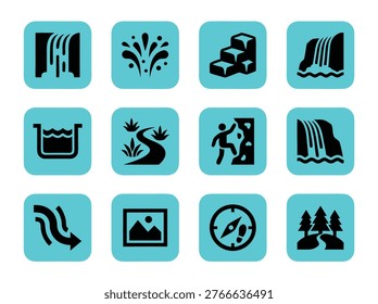 Collection of twelve turquoise square icons representing outdoor activities and nature.