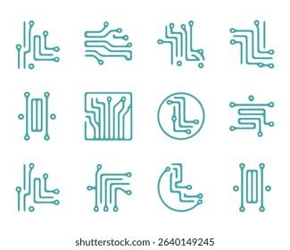 A collection of twelve unique, abstract circuit board designs suitable for various technological applications.