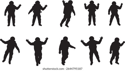 Coleção de doze silhuetas únicas de astronautas apresentando várias poses, ideais para a exploração espacial, ficção científica ou projetos de design gráfico.