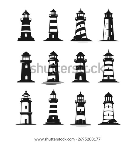 Collection of twelve unique black lighthouse silhouettes in minimal graphic style isolated on white background. Concept of navigation, guidance, and maritime safety. Vector illustration