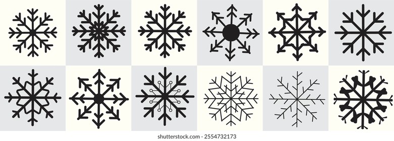A collection of twelve unique black snowflake vector designs on a white and light gray background. Each snowflake features intricate geometric patterns and symmetrical shapes.