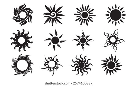 A Collection of Twelve Unique Black Sun Illustrations Featuring Varied Styles, Including Swirls, Flames, and Geometric Patterns, Against a Plain White Background