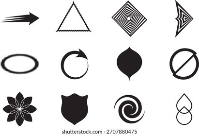 Sammlung von zwölf einzigartigen abstrakten geometrischen und organischen Formen und Symbolen in Schwarz und Weiß, perfekt für Design- und Kreativprojekte