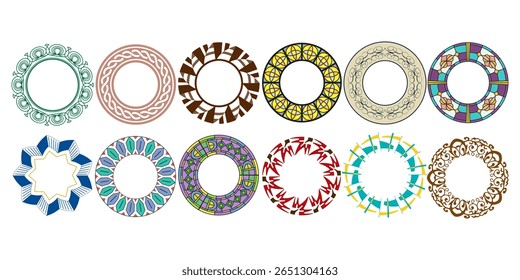 Uma coleção de doze quadros decorativos circulares únicos, apresentando uma variedade de padrões ornamentais artísticos e coloridos adequados para projetos de design gráfico e artesanato.