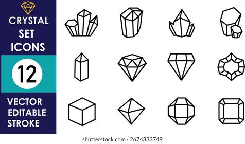 Uma coleção de doze ícones de cristal único e gemstone vetorial em estilo de contorno, mostrando facetas geométricas, clusters, cubos e modernos projetos de traçado editável
