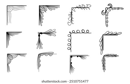 A collection of twelve unique hand-drawn corner designs, featuring various swirls, curves, and lines, for decorative use.