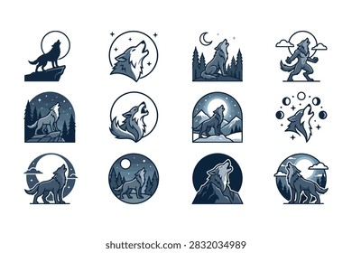 A collection of twelve unique illustrations featuring wolf silhouettes howling at the moon in various stylized nature settings and circular frames