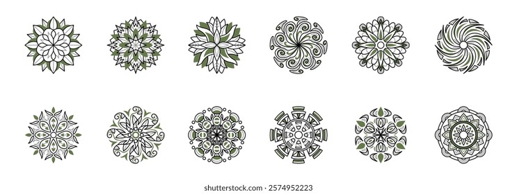 A collection of twelve unique mandala designs featuring green and white colors in various floral and geometric patterns.