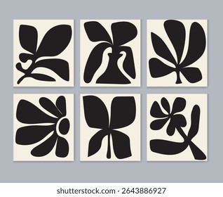 A collection of twelve unique, minimalist black and white tile patterns featuring stylized leaf designs. Each tile displays a distinct abstract botanical motif, perfect for various design projects.