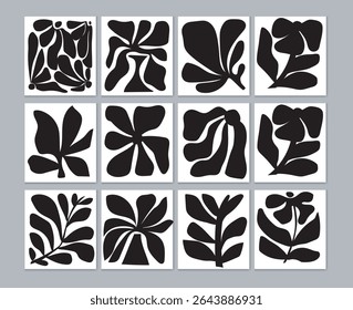 A collection of twelve unique, minimalist black and white tile patterns featuring stylized leaf designs. Each tile displays a distinct abstract botanical motif, perfect for various design projects.