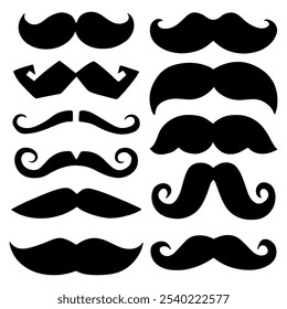 Uma coleção de doze silhuetas únicas do bigode em vários estilos clássicos e vintage. Perfeito para temas de higiene masculina, designs de barbearia ou ilustrações de personagens divertidas.