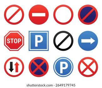 Uma coleção de doze sinais de trânsito variados. Esses símbolos regulatórios oferecem instruções para dirigir e estacionar, ajudando a garantir a segurança, a ordem e a conformidade nas ruas.
