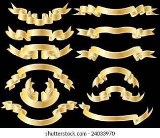 Collection of twelve vector golden ribbons with silver stripes