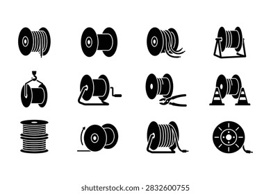 A collection of twelve vector icons representing cable spools, wire reels, and industrial construction equipment in a simple flat black and white style.