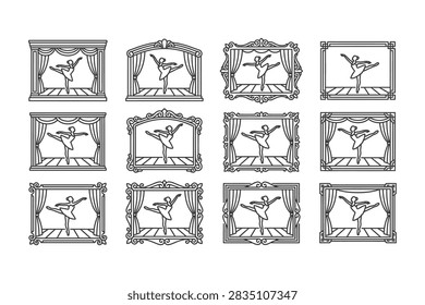 Collection of twelve vector illustrations featuring ballet dancers performing on a theatrical stage inside decorative frames in a hand drawn sketch style