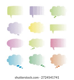 Colección de doce vibrantes discursos de Ilustración vectorial y burbujas de pensamiento con un elegante patrón de puntos semitonos, ideal para Elementos cómicos o de diálogo.