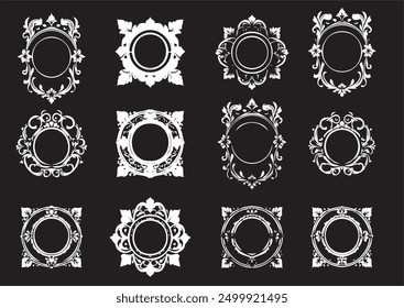 Collection of Twelve Vintage Floral Frames with Intricate Designs on Black Background For Wedding and Invitation Cards