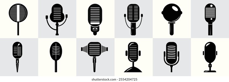 A collection of twelve vintage and modern microphone icons in black and white, showcasing diverse designs for audio recording, broadcasting, and podcasting themes.