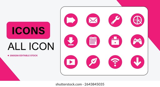A collection of twelve white icons on pink circles, including arrows, mail, and a gamepad.