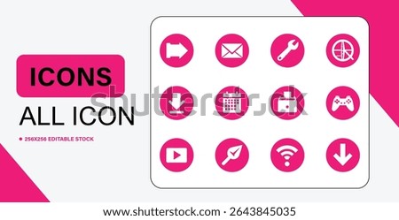 A collection of twelve white icons on pink circles, including arrows, mail, and a gamepad.
