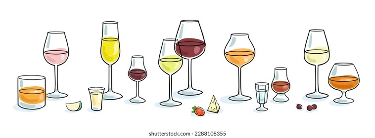 Colección de doce copas de vino y goblets. Imagen en línea. Contorsión negra con manchas de color. Aislado en blanco. Ilustración plana vectorial. Plantilla para el diseño de menús