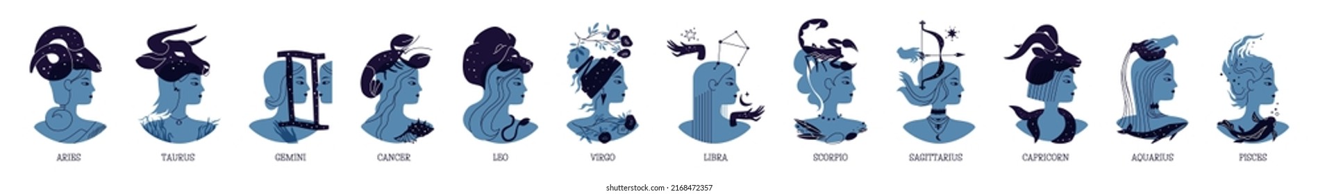 Collection twelve zodiac signs  Blue female silhouettes in profile and zodiac symbols   animals  Astrology elements vector illustration isolated white background 