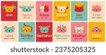 Collection of twelwe cute cards or posters with funny zodiac cats. Aries, Taurus, Leo, Gemini, Virgo, Scorpio, Libra, Aquarius, Sagittarius, Pisces, Capricorn, Cancer.