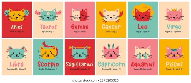 Collection of twelwe cute cards or posters with funny zodiac cats. Aries, Taurus, Leo, Gemini, Virgo, Scorpio, Libra, Aquarius, Sagittarius, Pisces, Capricorn, Cancer.