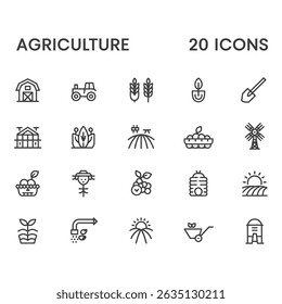 Coleção de vinte ícones de agricultura preto e branco. Inclui colheitas, máquinas agrícolas e um celeiro, renderizado em um estilo limpo e minimalista.