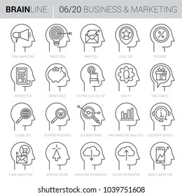 Collection of twenty black and white vector icons showing Business and Marketing mind processes inside human mind in thin vector line style.