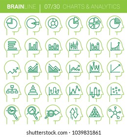 Collection of twenty black and white vector icons showing charts and analytics mind processes inside human mind in thin vector line style.