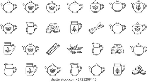 Sammlung von zwanzig chai thematischen Vektorsymbole mit Teekannen Pitcher Cookies Zimt-Sticks und Kardamom