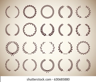 Collection of twenty circular vintage laurel wreaths. Can be used as design elements in heraldry on an award certificate manuscript and to symbolise victory illustration in silhouette