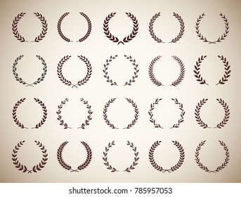 Collection of twenty circular vintage laurel wreaths. Can be used as design elements in heraldry on an award certificate, manuscript and to symbolise victory illustration in silhouette