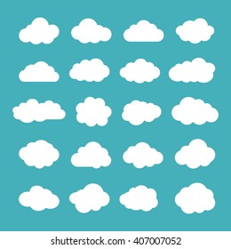 Collection of twenty cloud icons. Set of cloudlet silhouette symbols. White clouds isolated on turquoise or greenish blue color background. EPS8 vector illustration in flat style.