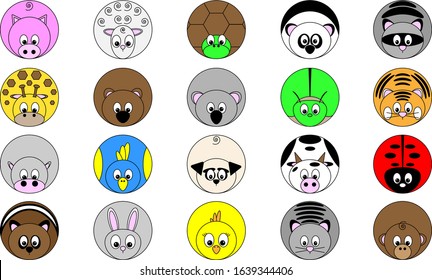 collection of twenty cute funny round vector illustrated animal sticker icon buttons in bright colors