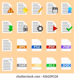Collection of twenty detailed document icons. Colorful, eight icons with ile extension.  Vector, eps 10.