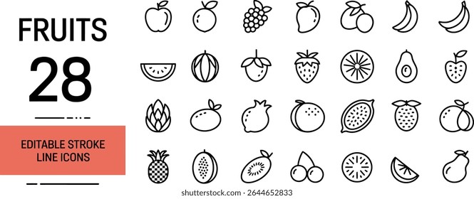 Collection of twenty eight fruit icons in line style isolated