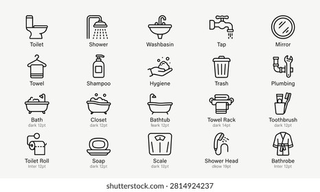 Collection of twenty essential bathroom and hygiene line icons including toilet shower washbasin tap mirror towel shampoo hygiene trash plumbing bath closet bathtub towel rack toothbrush toilet roll soap scale shower head and bathrobe for home and personal care concepts.