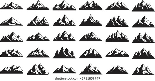 A collection of twenty five black mountain silhouettes are arranged in a neat grid pattern, showcasing diverse peak formations and natural landscapes.