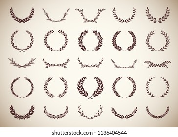 Collection of twenty five circular vintage laurel wreaths. Can be used as design elements in heraldry on an award certificate, manuscript and to symbolise victory illustration in silhouette