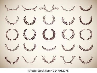 Collection of twenty five circular vintage laurel wreaths. Can be used as design elements in heraldry on an award certificate, manuscript and to symbolise victory illustration in silhouette